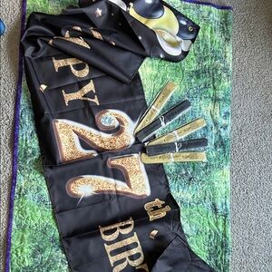 Fabric Black and Gold 27 th Birthday Banner. 5 Pom-Pom’s included